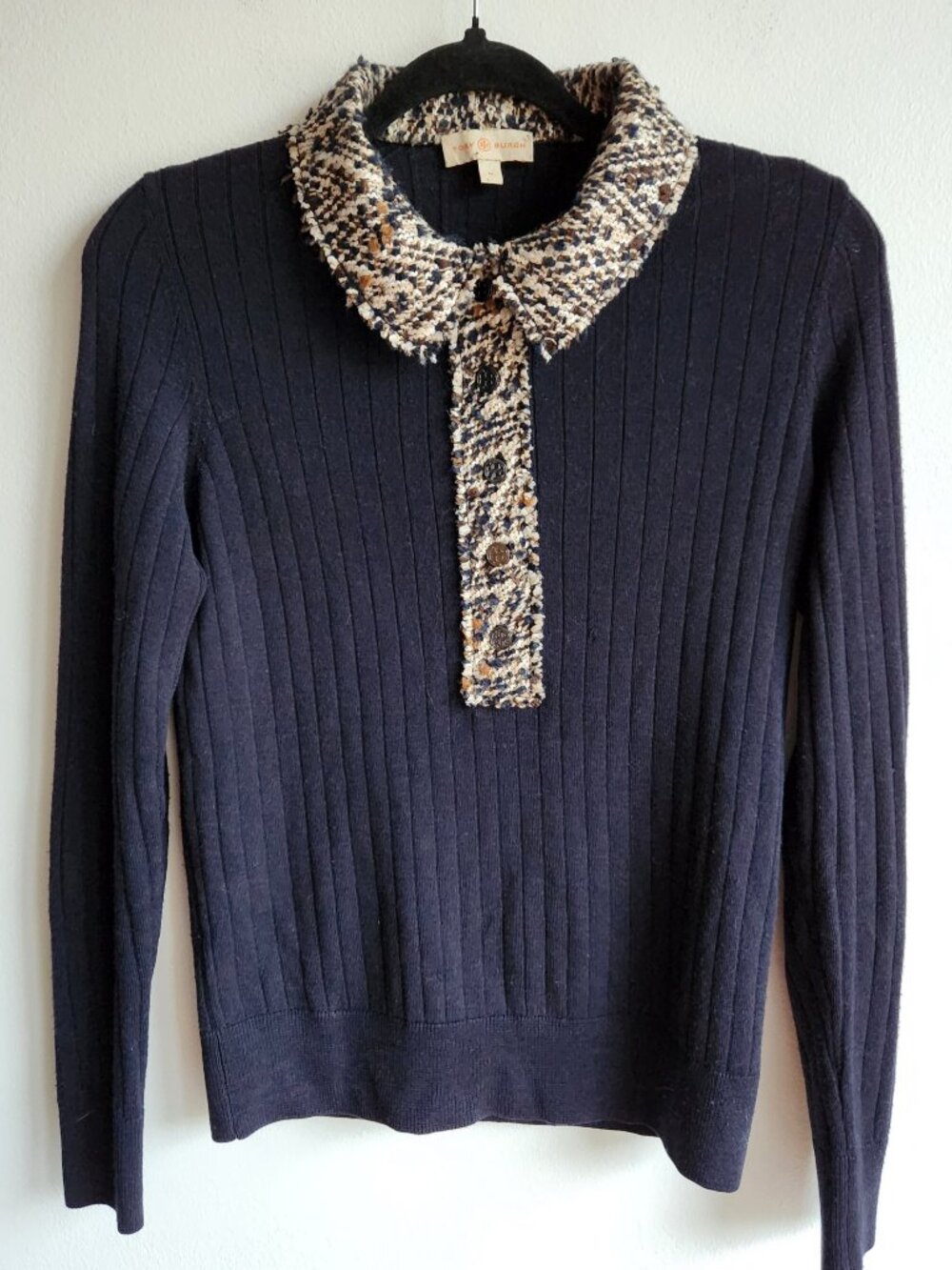 Tory Burch Navy Merino Wool & Tweed Long Sleeve Sweater - M - Picture 1 of 8